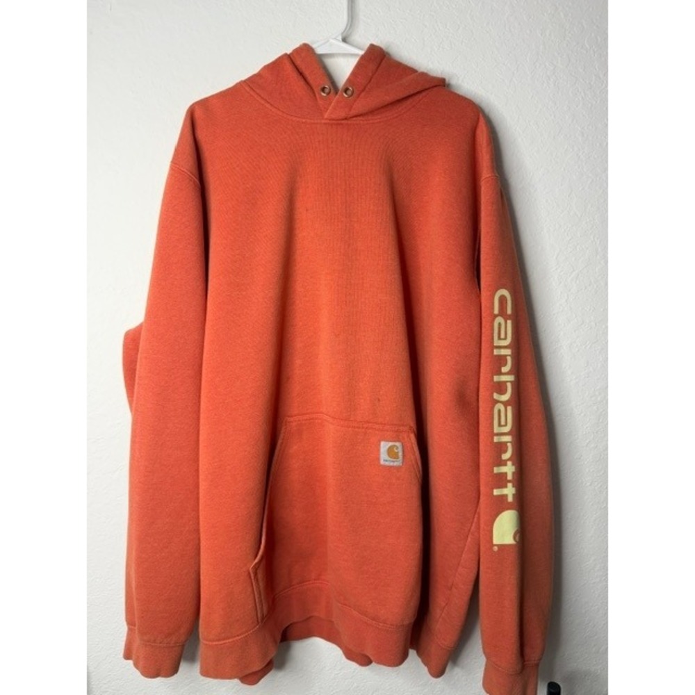 Carhartt Mens 2XL Tall Loose Fit Graphic Sleeve Hoodie Orange Sweatshirt